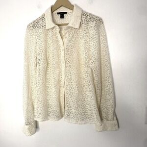 Forever 21 Cream Floral Lace Button Down Long Sleeve Shirt Large Ivory Sheer